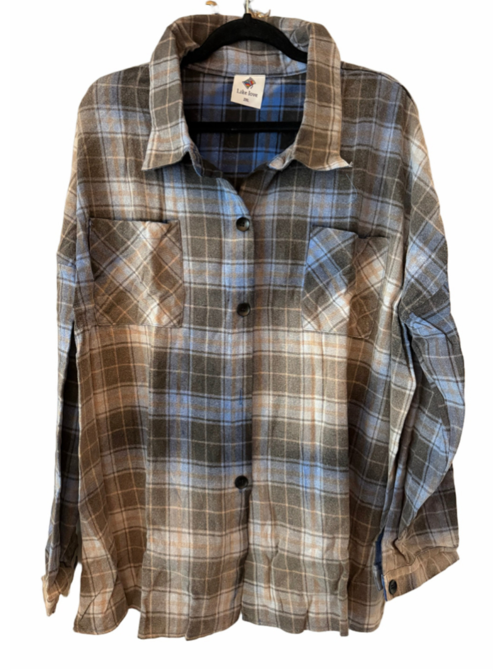Like Love Blue and Gray Faded Plaid Long Sleeve Button Down Shirt